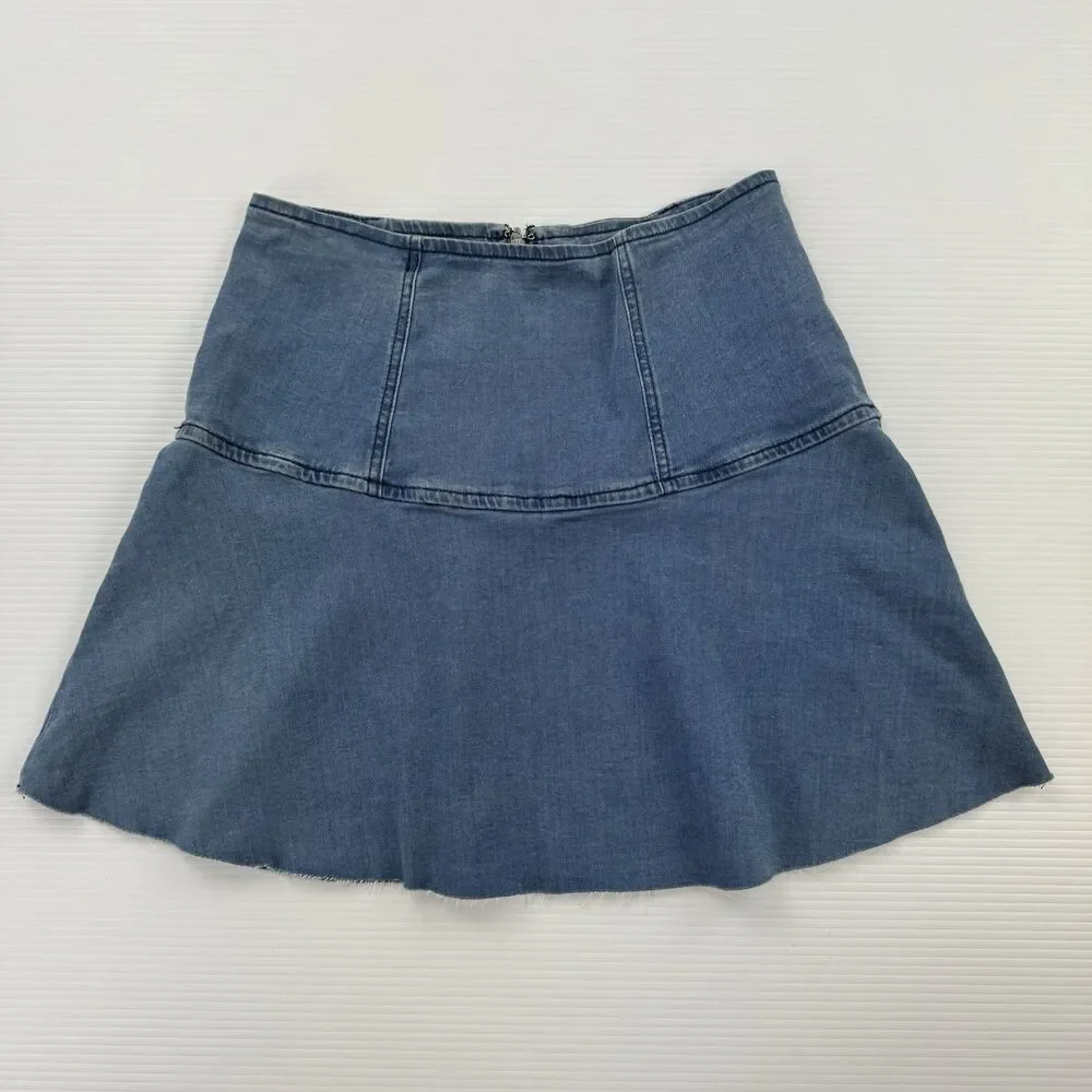 Free People Denim Mini Skirt Size 6 Blue Flare Raw Hem High Waist NWT $68